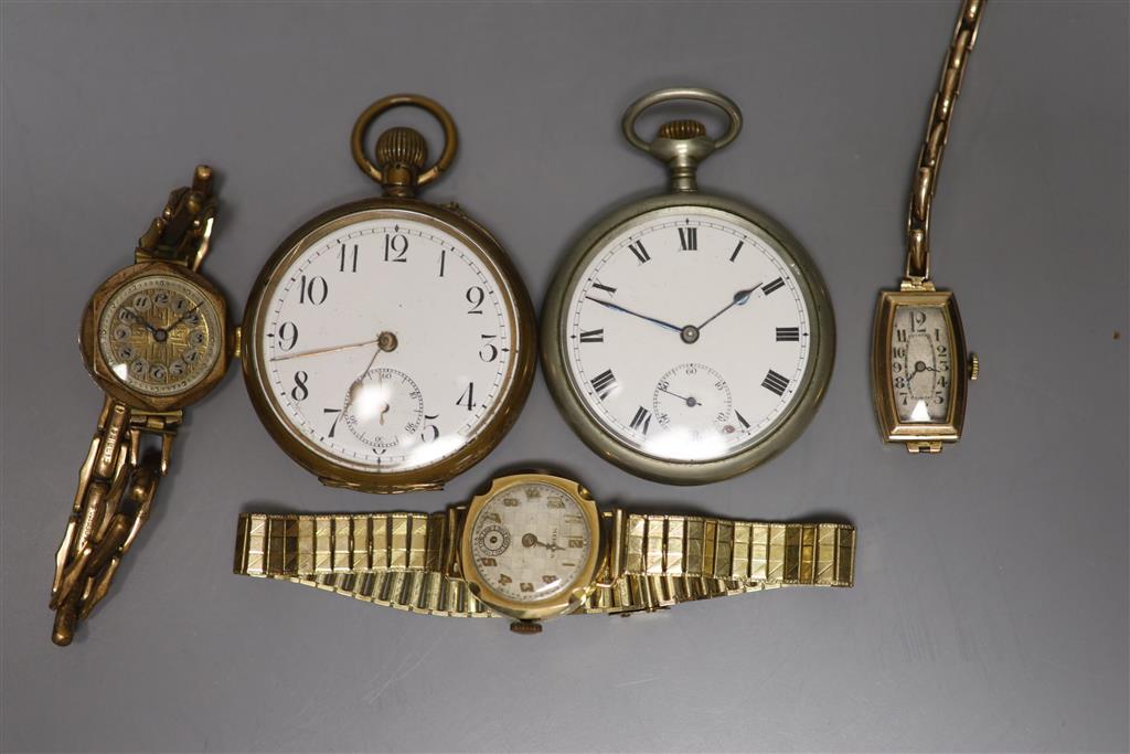 Two ladys gold wristwatches with gold plated bracelets, gross 39.6 grams and three other watches, various